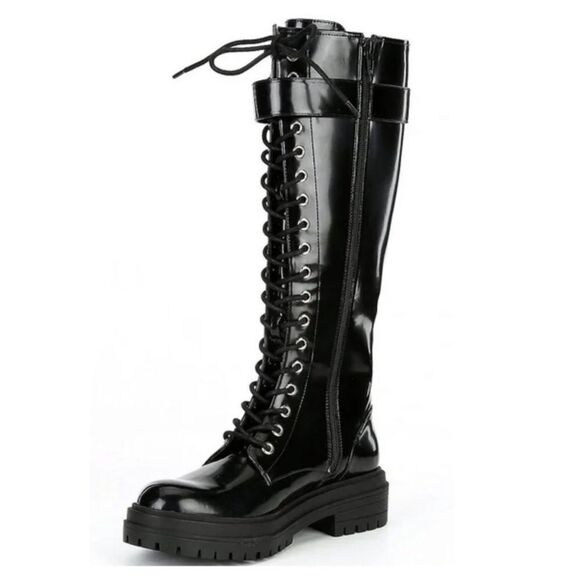 GIANNI BINI Skyscraper Lace Up Lug Sole Platform Tall Boot Patent Leather Size 7 - Picture 3 of 12